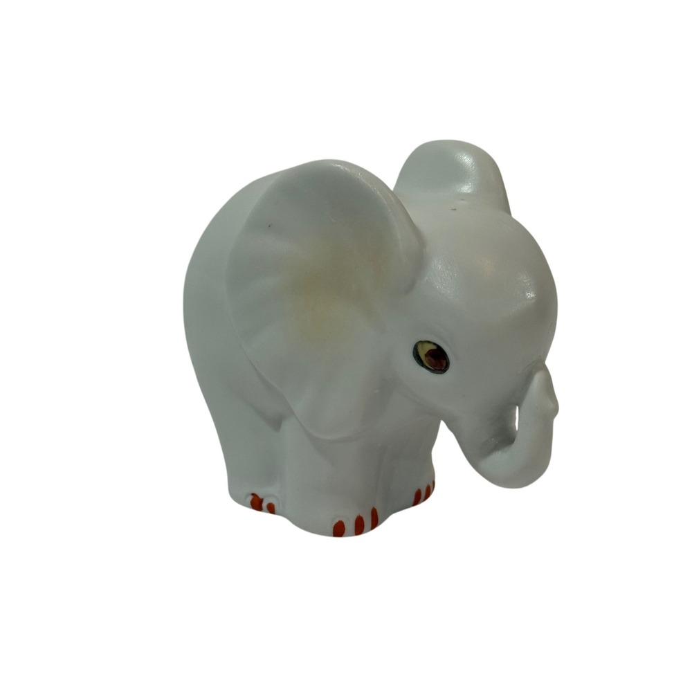 Whimsical Vintage White Bone China Baby Elephant Figurine Miniature Red Toenails